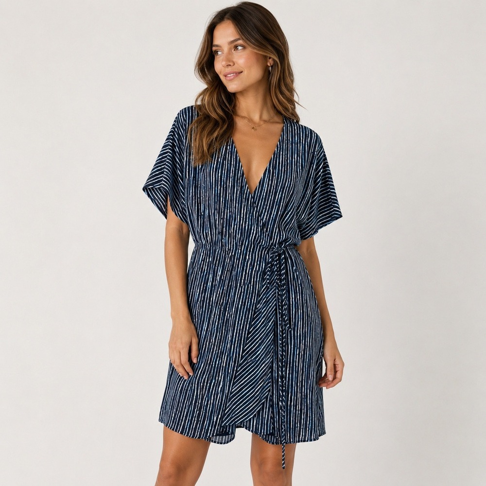 Babaton Navy Blue Striped Wrap‎ Mini Dress V-Neck Short Sleeve L 77103